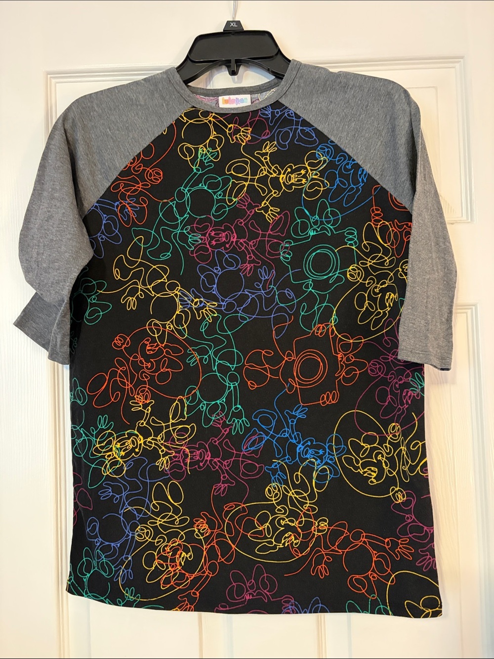 Kids LulaRoe Black Disney Sketch Print Raglan Tee with Gray Sleeves